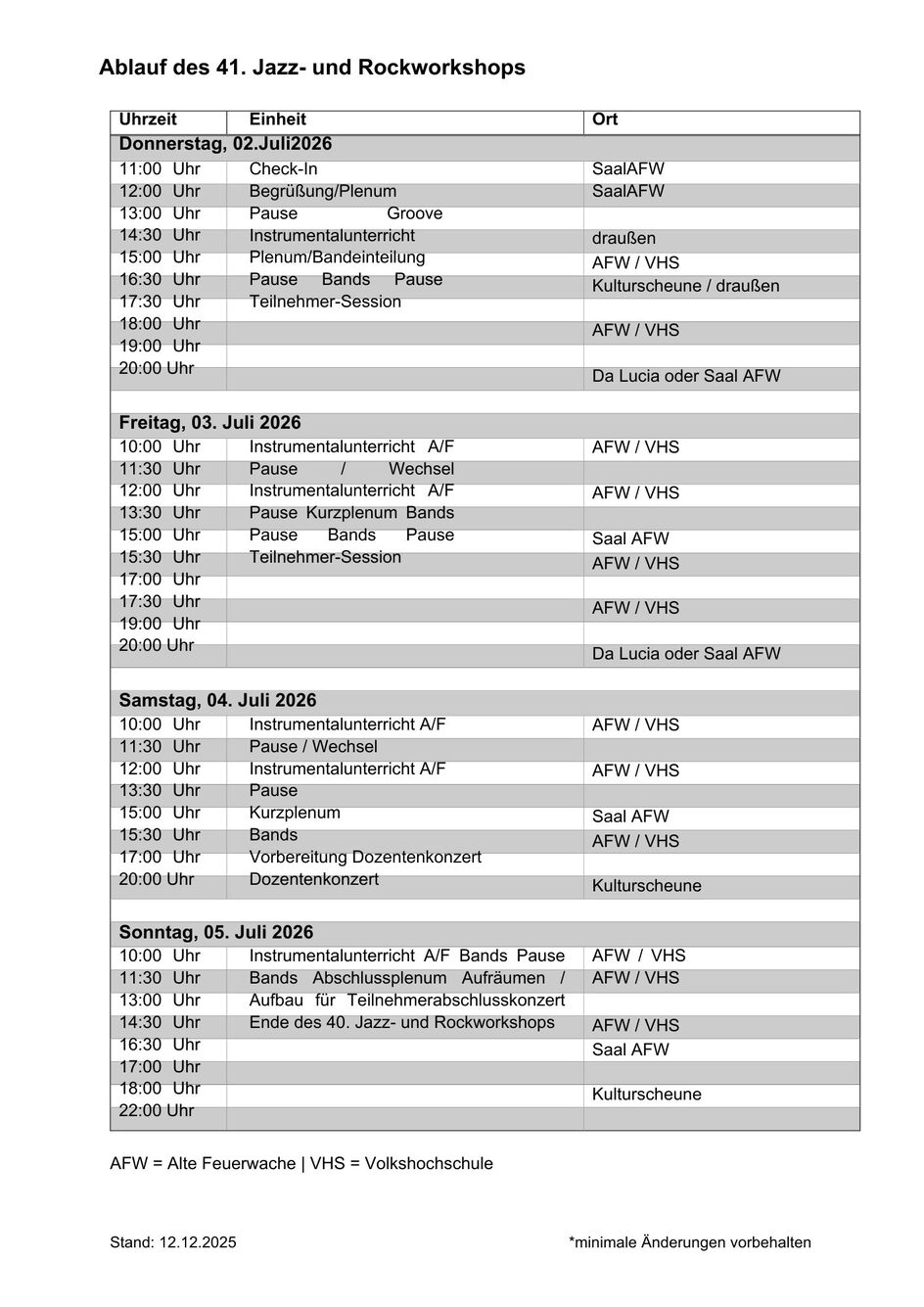 Ablauf Jazz- und Rockworkshop 2025