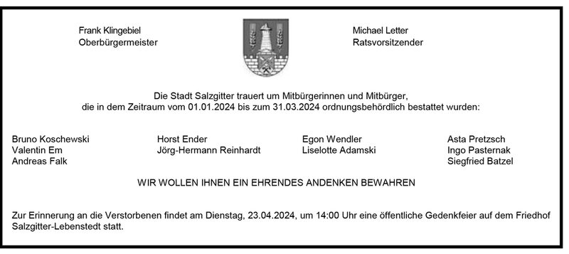 Anzeige in der alle Namen der ordnungsbehördlich Bestatteten durch die Stadt Salzgitter aufgeführt sind.