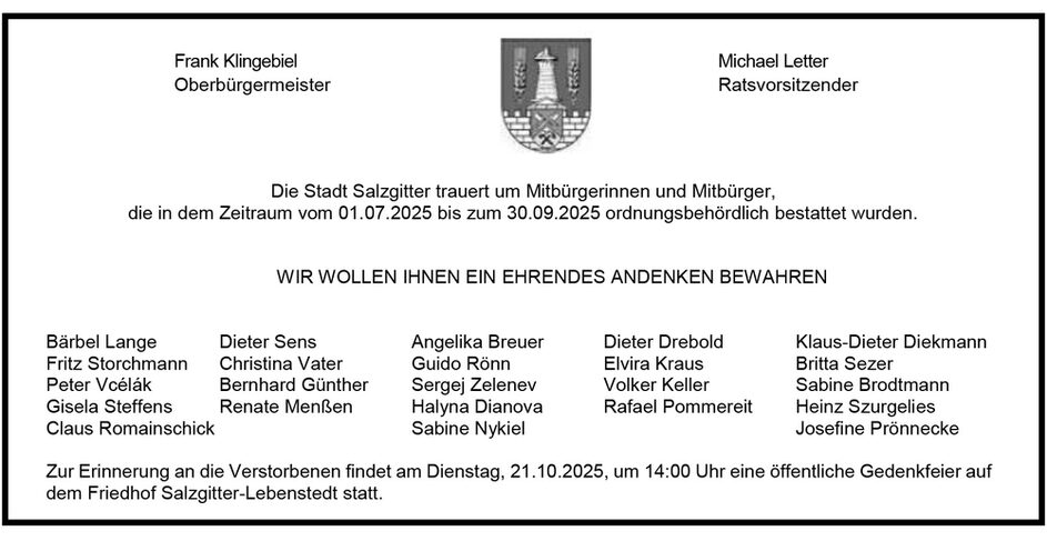 Es wird bei der Gedenkfeier folgender Verstorbener gedacht: