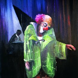 Das Werk "…send in the clown…"von Inselmaler ANSELM (Langeoog) zeigt einen traurigen Clown im Vordergrund, der an Fäden hängt und einen Klavierspieler im Hintergrund.