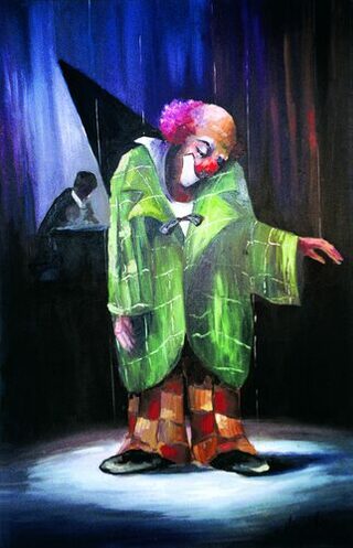 Das Werk "…send in the clown…"von Inselmaler ANSELM (Langeoog) zeigt einen traurigen Clown im Vordergrund, der an Fäden hängt und einen Klavierspieler im Hintergrund.